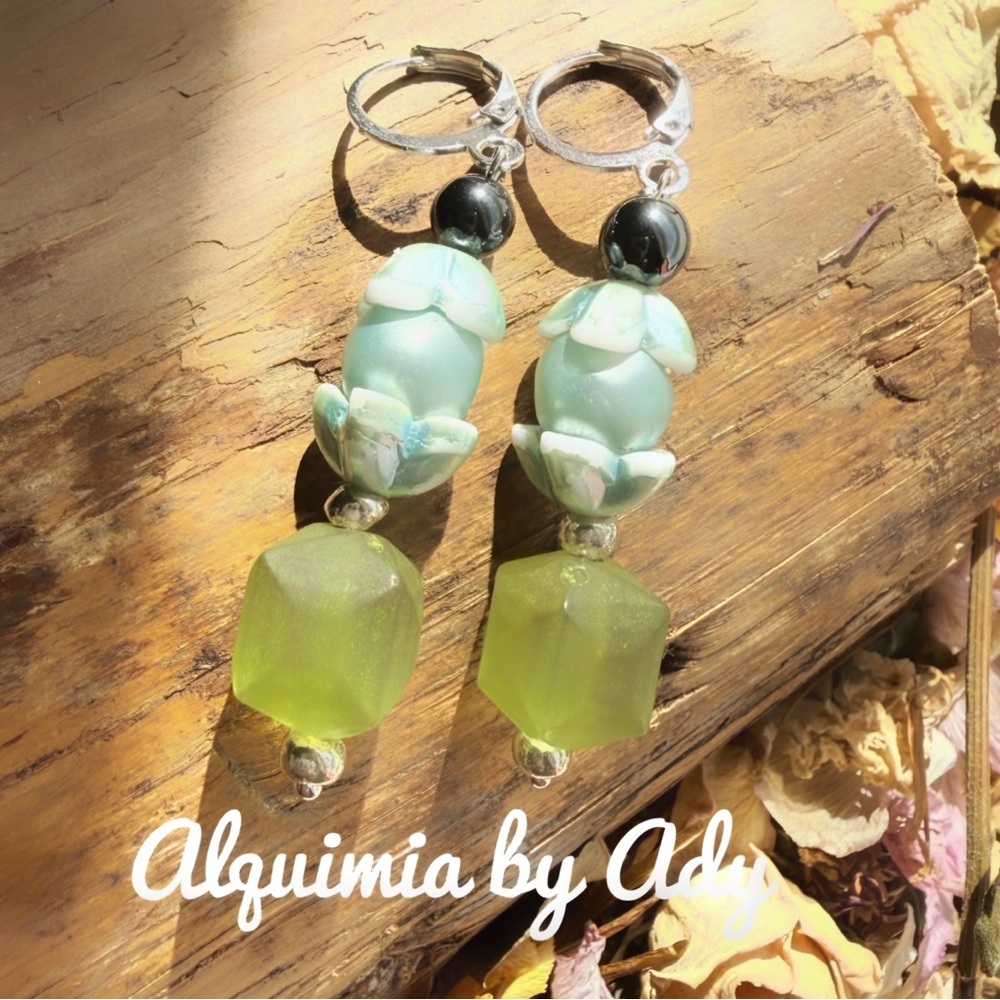 Silver statement Mint and Lime Earrings with gray hematite
